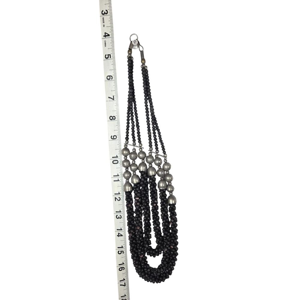 Multi Strand Beaded Necklace Womens OS Black Silver Tone Tribal Boho Ethnic